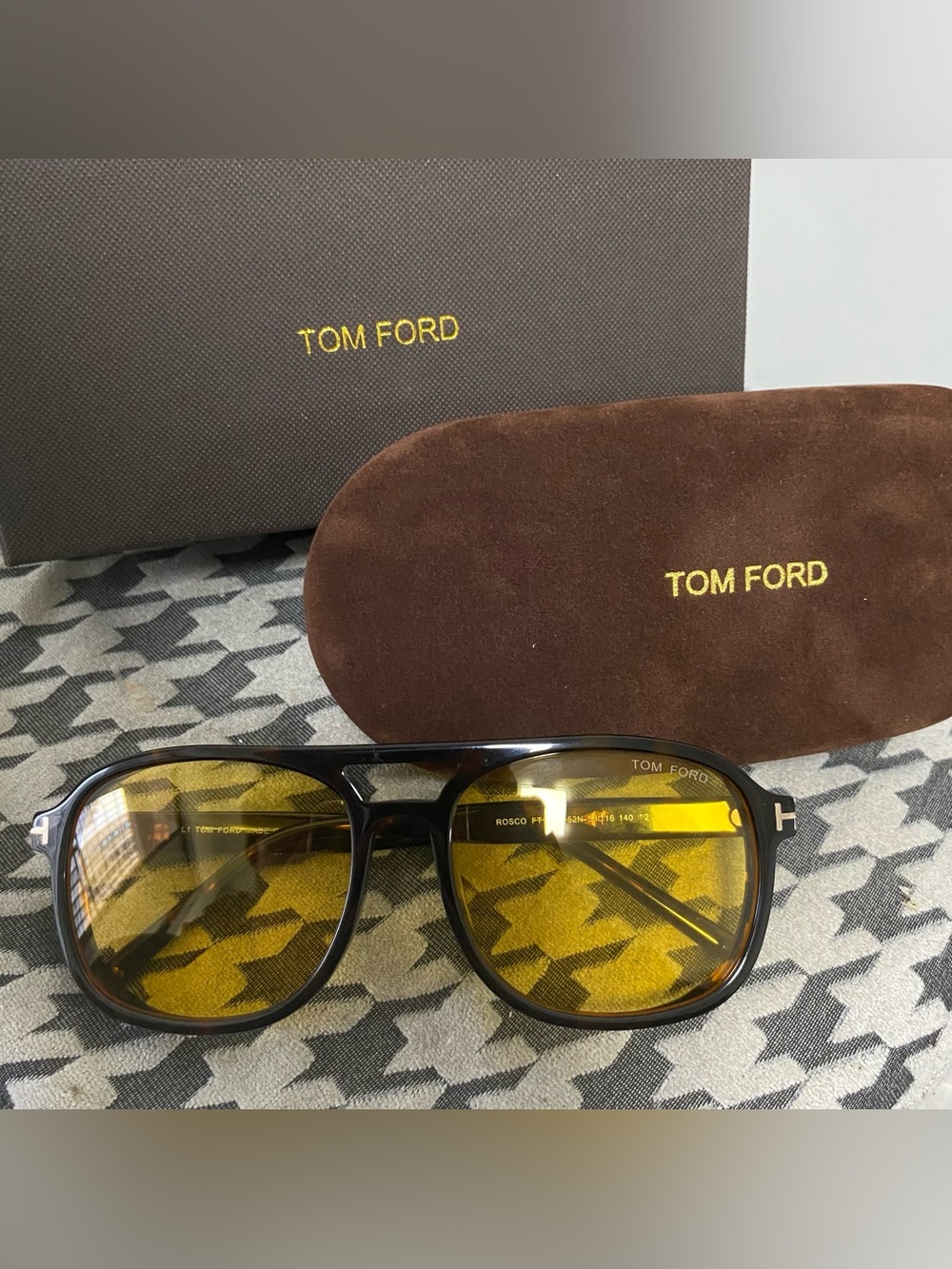 Tom Ford Black Frame Sunglasses with Yellow Lenses and Brown Case